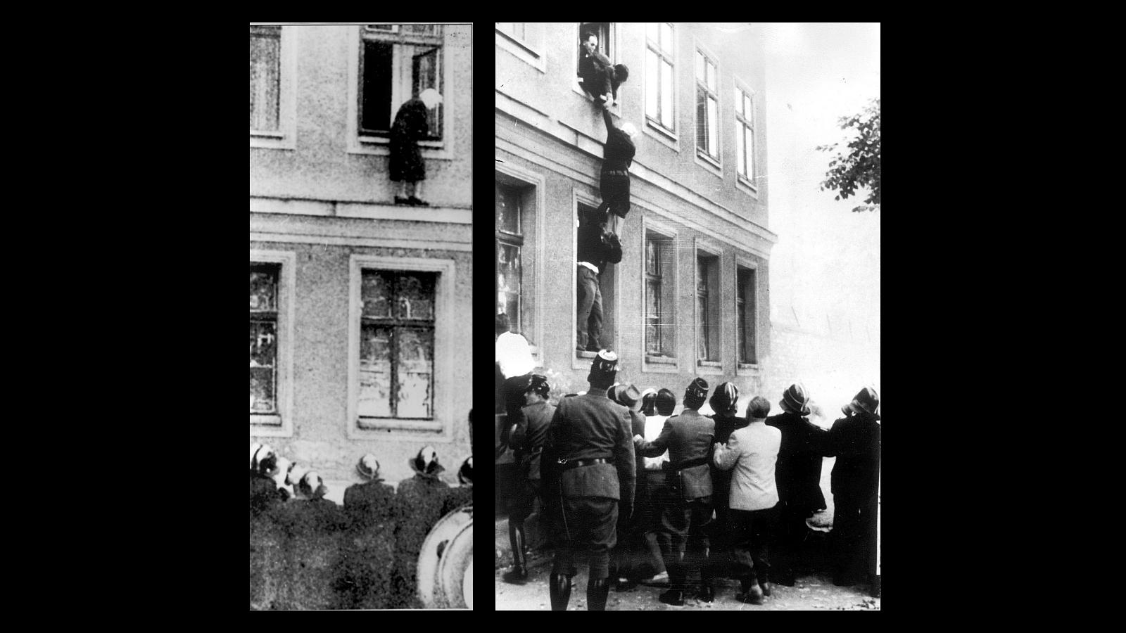 A partir de entonces, la población del Berlín oriental fue vigilada como en los campos de concentración y se les impedía la huída a Alemania occidental. En la imagen, una anciana de 77 años de edad es ayudada a saltar, desde el 2º piso de una casa cuya fachada posterior da a la zona occidental, a la lona sostenida por los bomberos y otras personas