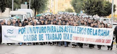 Manifestacin conjunta hoy de los tres astilleros en Puerto Real para exigir carga de trabajo